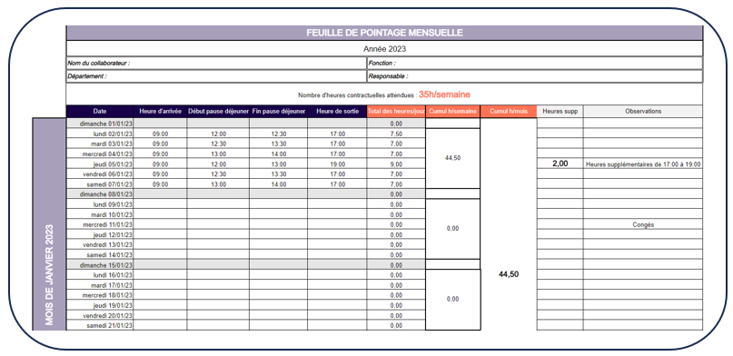 Modèle feuille de pointage excel