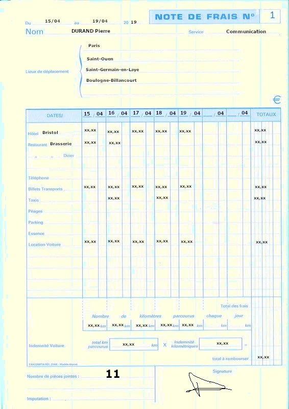 modèle de note de frais