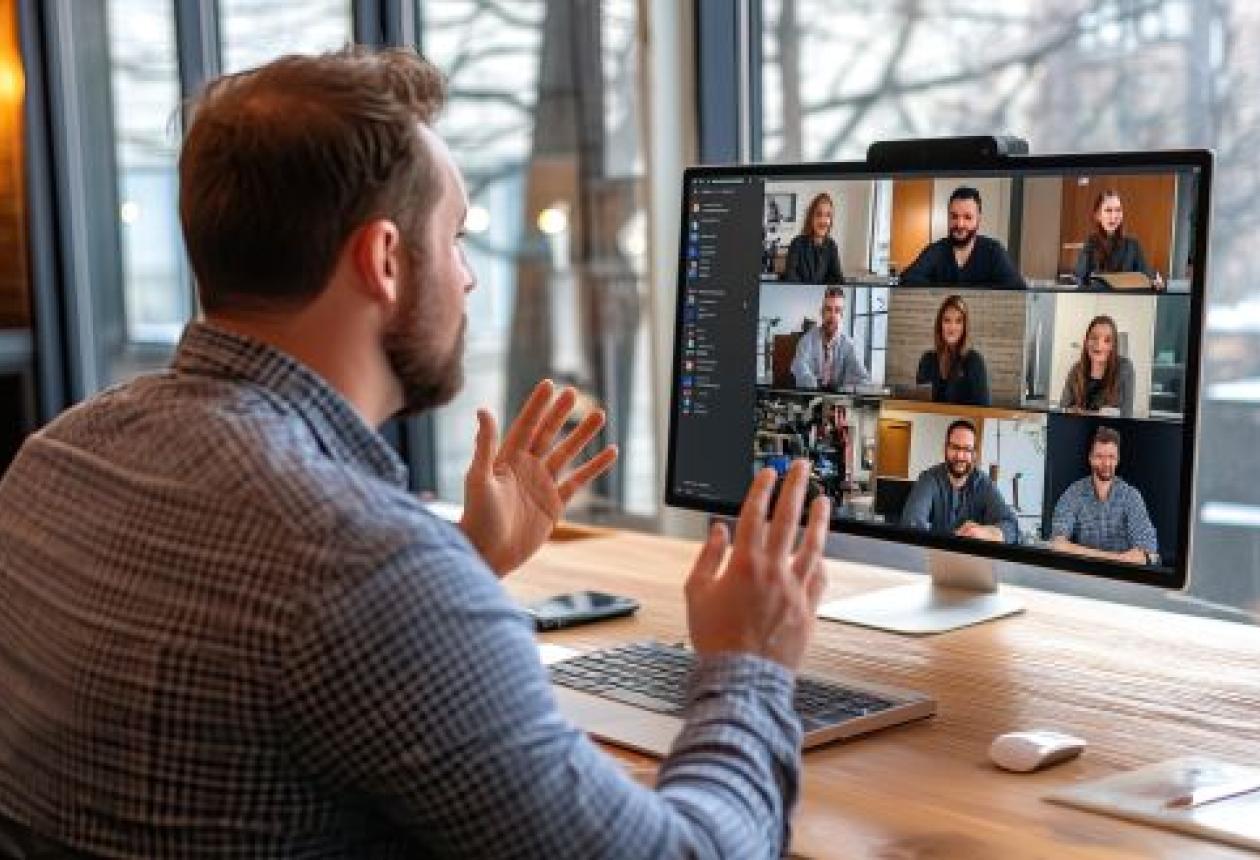 Un homme participe à une réunion virtuelle via une visioconférence sur un grand écran, interagissant avec ses collègues à distance.