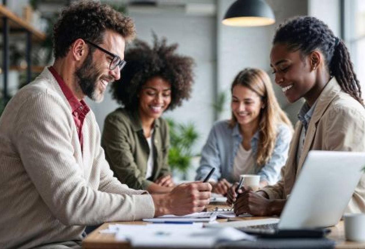 Manager partageant ouvertement un défi technique face à son équipe diversifiée, illustrant le concept de boucle de vulnérabilité pour renforcer la confiance et la coopération en période de crise